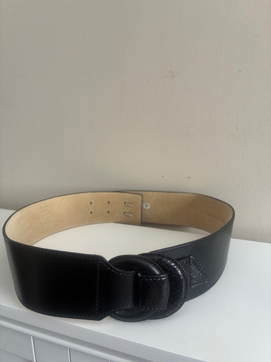 Dior Accessories - Vintage Christian Dior Black Leather Waist Belt - Snakeskin Ring Detail